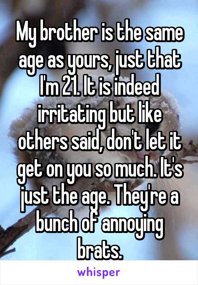 My brother is the same age as yours, just that I'm 21. It is indeed irritating but like others said, don't let it get on you so much. It's just the age. They're a bunch of annoying brats.