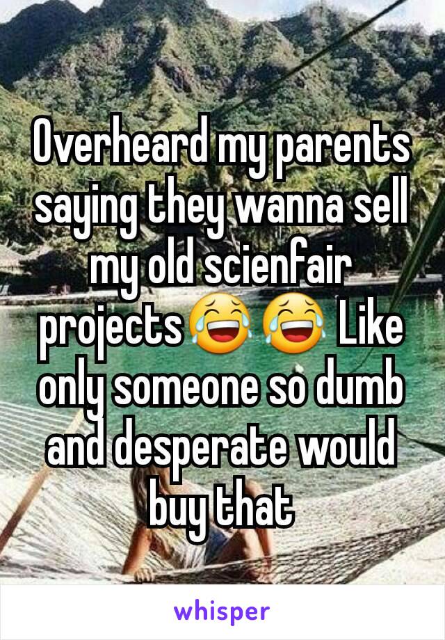 Overheard my parents saying they wanna sell my old scienfair projects😂😂 Like only someone so dumb and desperate would buy that