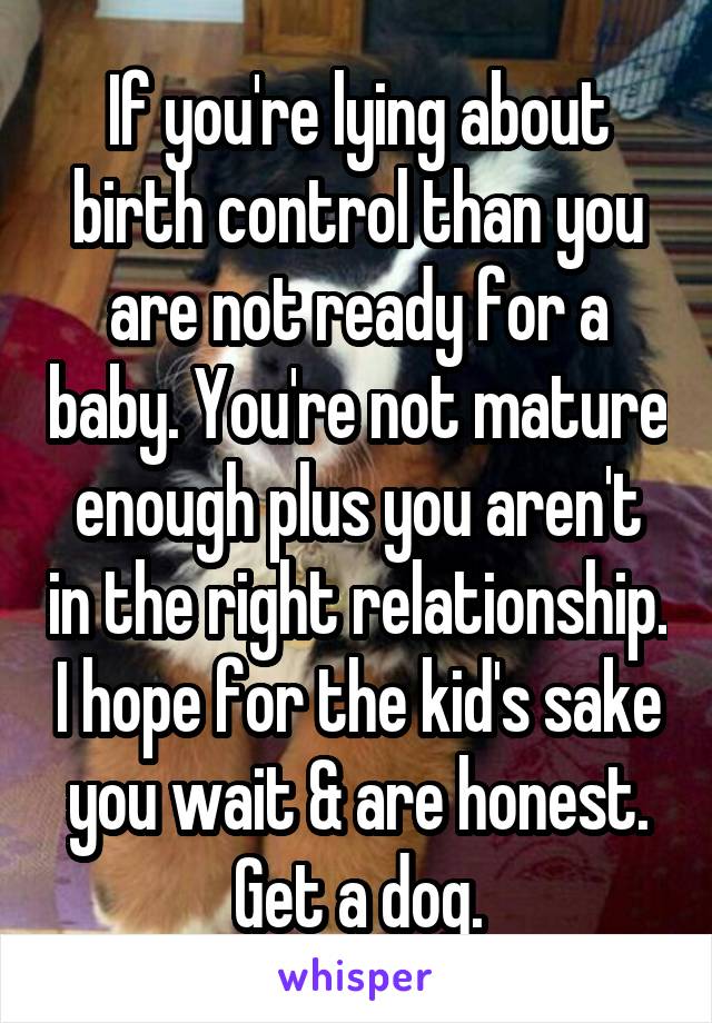 If you're lying about birth control than you are not ready for a baby. You're not mature enough plus you aren't in the right relationship. I hope for the kid's sake you wait & are honest. Get a dog.