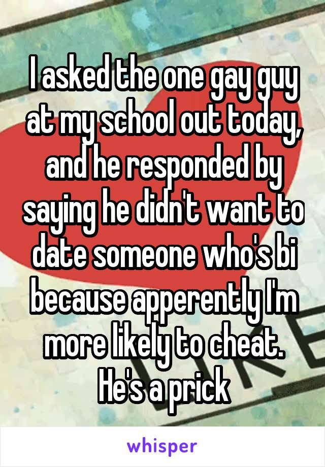 I asked the one gay guy at my school out today, and he responded by saying he didn't want to date someone who's bi because apperently I'm more likely to cheat. He's a prick