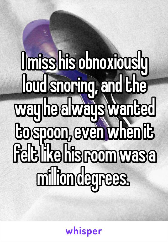 I miss his obnoxiously loud snoring, and the way he always wanted to spoon, even when it felt like his room was a million degrees. 