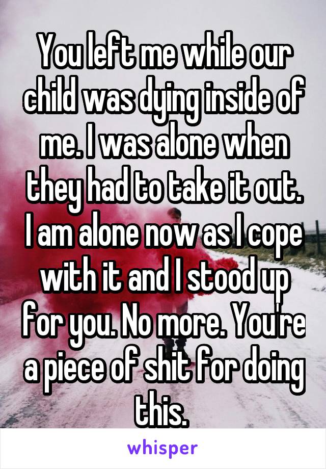 You left me while our child was dying inside of me. I was alone when they had to take it out. I am alone now as I cope with it and I stood up for you. No more. You're a piece of shit for doing this. 