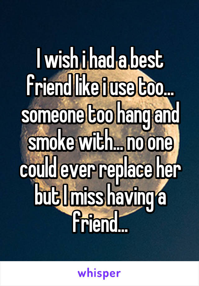 I wish i had a best friend like i use too... someone too hang and smoke with... no one could ever replace her but I miss having a friend...