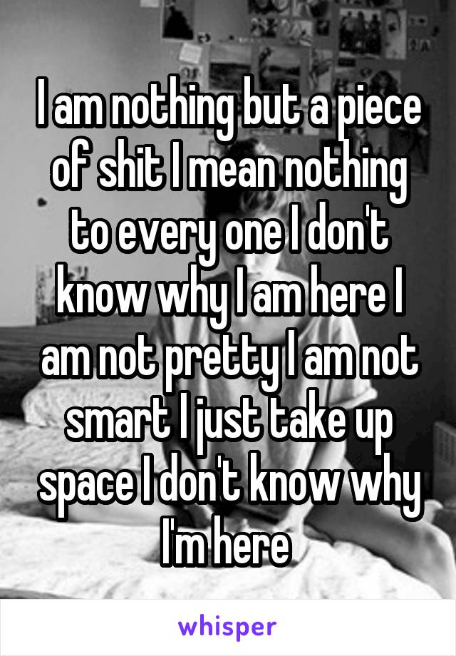 I am nothing but a piece of shit I mean nothing to every one I don't know why I am here I am not pretty I am not smart I just take up space I don't know why I'm here 