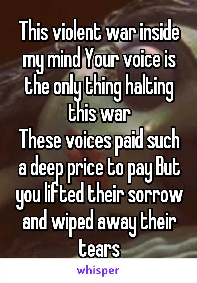 This violent war inside my mind Your voice is the only thing halting this war
These voices paid such a deep price to pay But you lifted their sorrow
and wiped away their tears