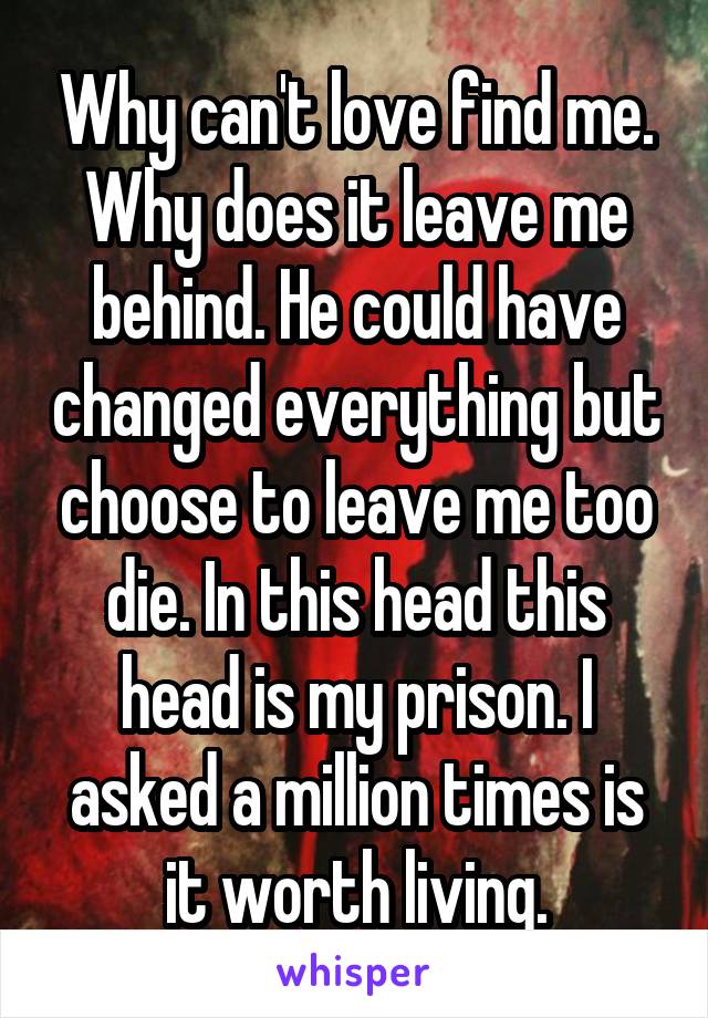Why can't love find me. Why does it leave me behind. He could have changed everything but choose to leave me too die. In this head this head is my prison. I asked a million times is it worth living.