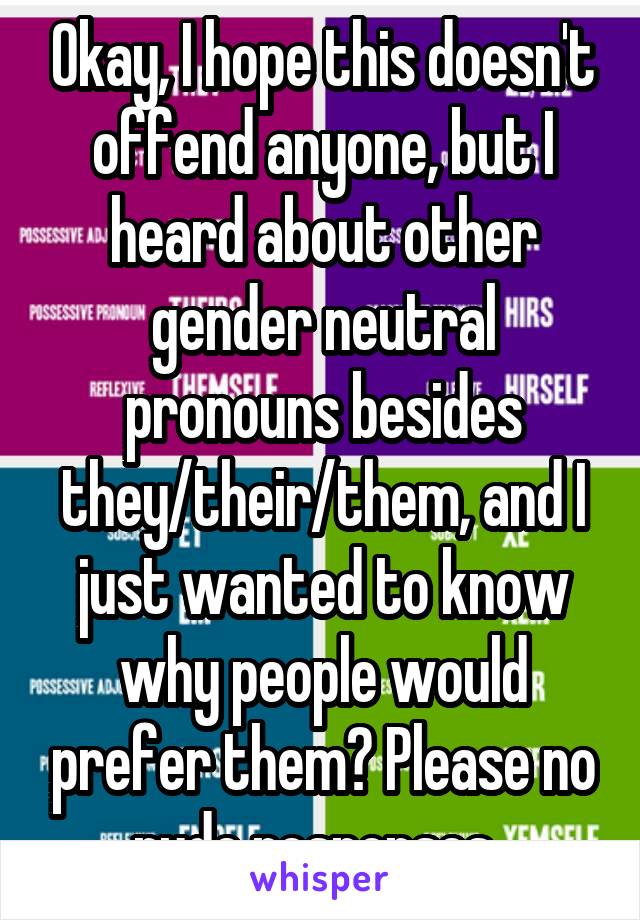 Okay, I hope this doesn't offend anyone, but I heard about other gender neutral pronouns besides they/their/them, and I just wanted to know why people would prefer them? Please no rude responses. 