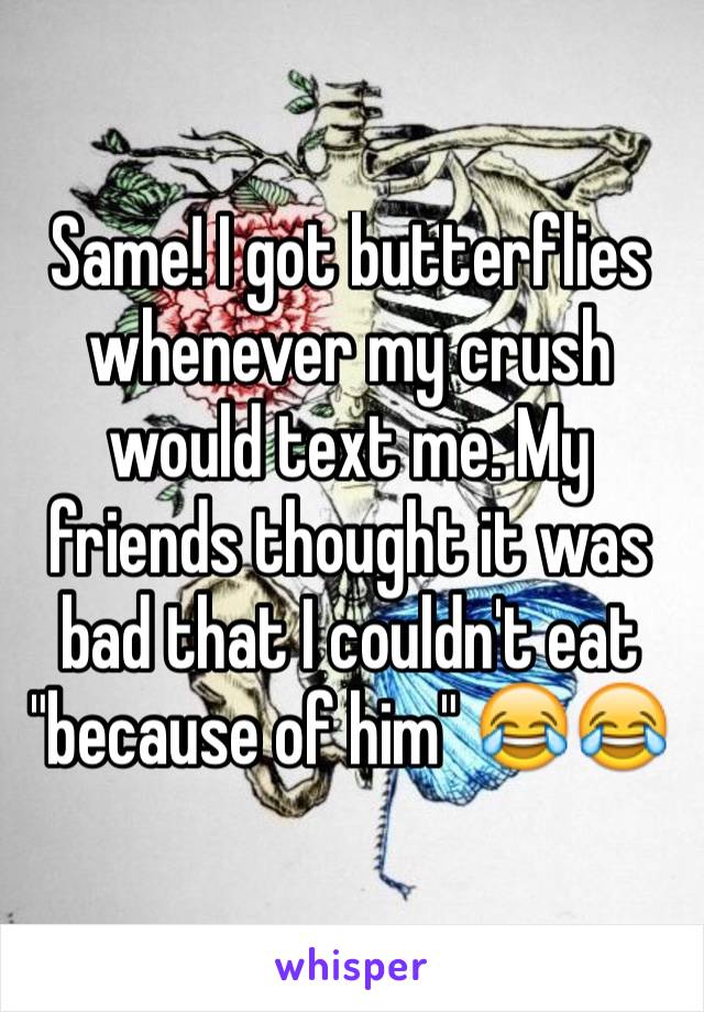 Same! I got butterflies whenever my crush would text me. My friends thought it was bad that I couldn't eat "because of him" 😂😂
