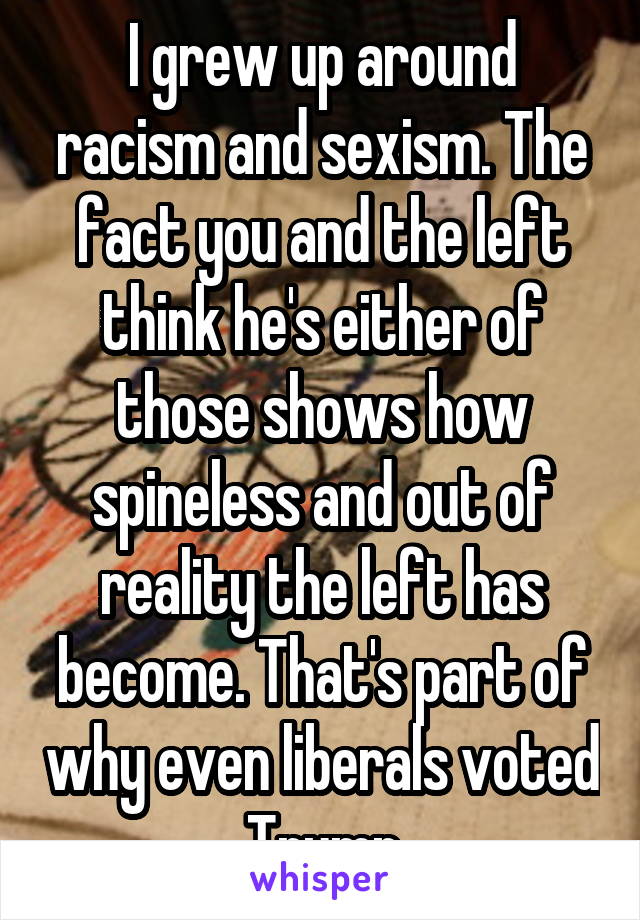 I grew up around racism and sexism. The fact you and the left think he's either of those shows how spineless and out of reality the left has become. That's part of why even liberals voted Trump