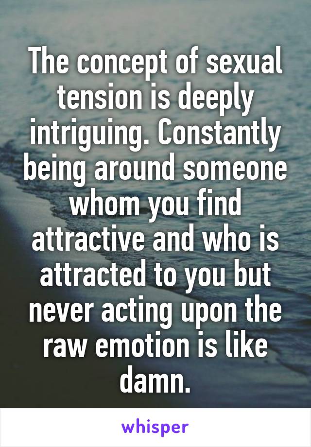 The concept of sexual tension is deeply intriguing. Constantly being around someone whom you find attractive and who is attracted to you but never acting upon the raw emotion is like damn.