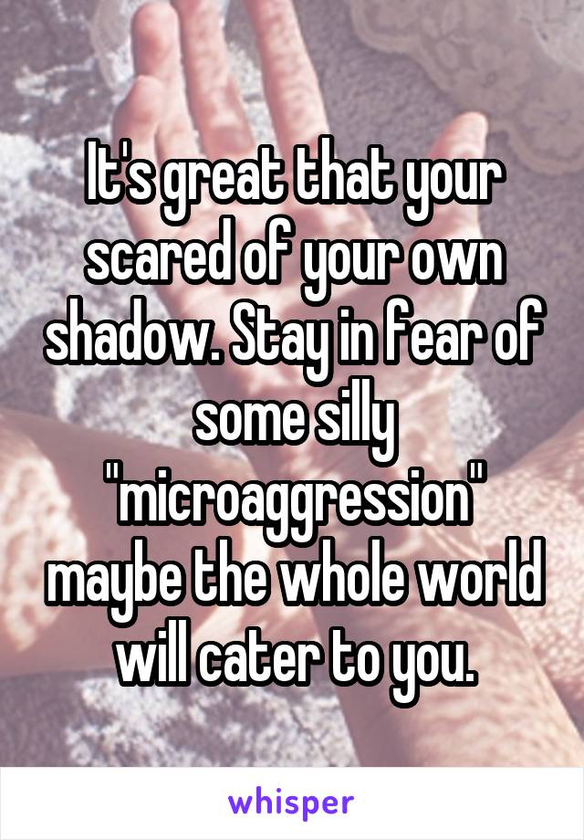 It's great that your scared of your own shadow. Stay in fear of some silly "microaggression" maybe the whole world will cater to you.