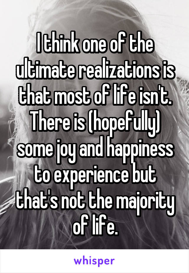 I think one of the ultimate realizations is that most of life isn't. There is (hopefully) some joy and happiness to experience but that's not the majority of life.