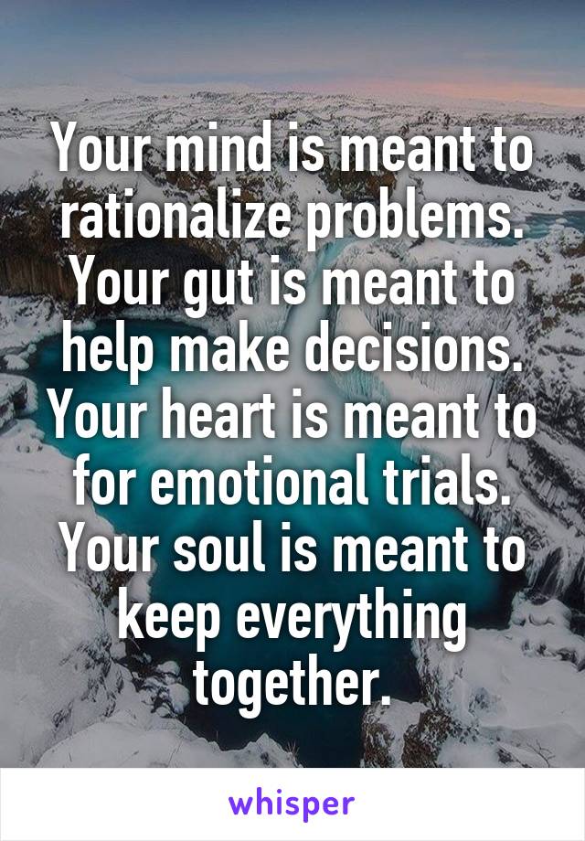 Your mind is meant to rationalize problems.
Your gut is meant to help make decisions. Your heart is meant to for emotional trials.
Your soul is meant to keep everything together.