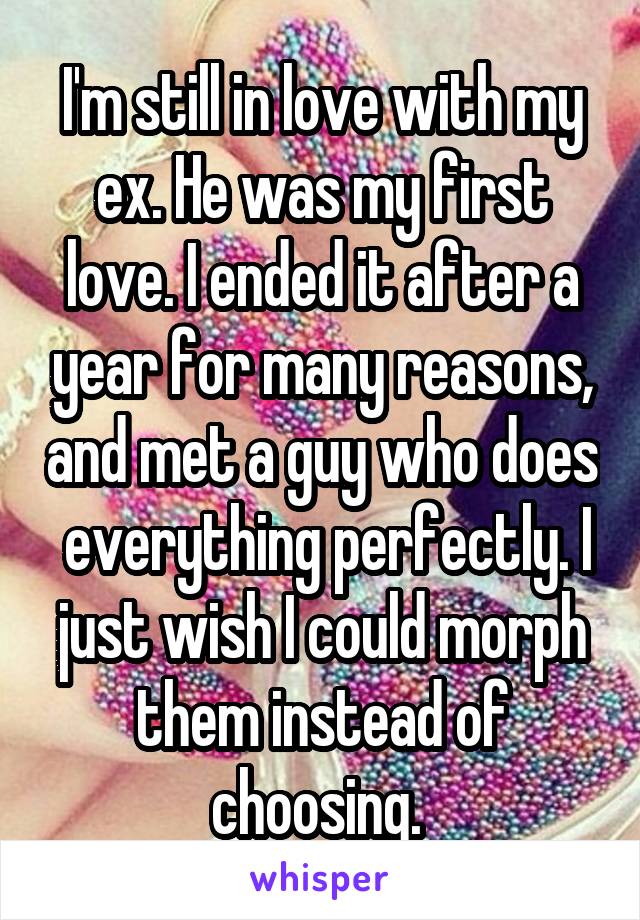 I'm still in love with my ex. He was my first love. I ended it after a year for many reasons, and met a guy who does  everything perfectly. I just wish I could morph them instead of choosing. 
