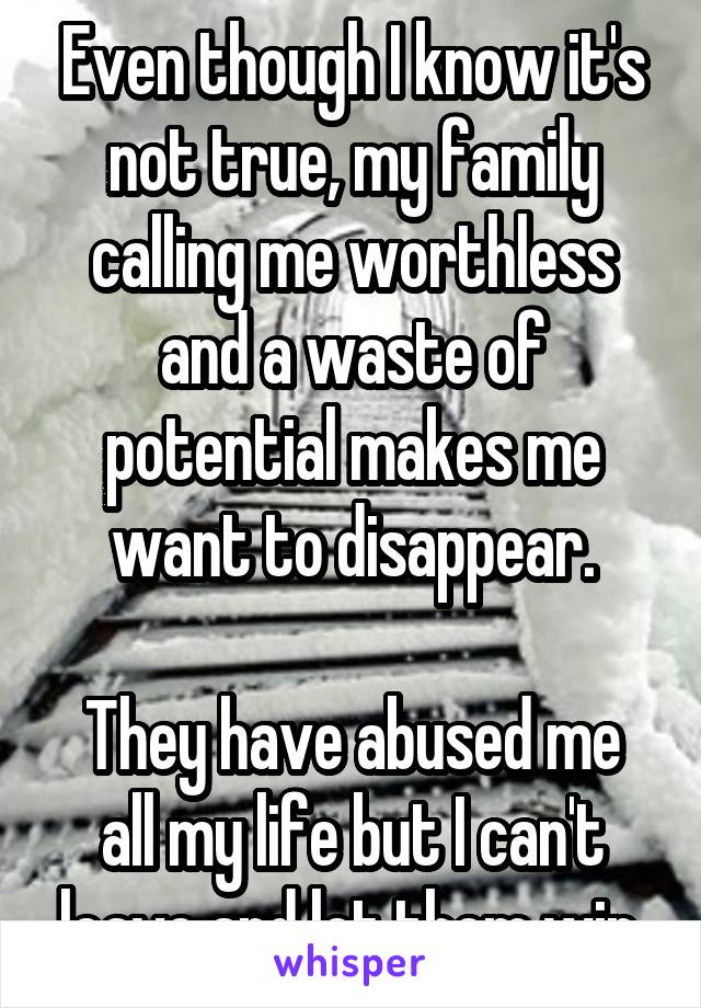 Even though I know it's not true, my family calling me worthless and a waste of potential makes me want to disappear.

They have abused me all my life but I can't leave and let them win.