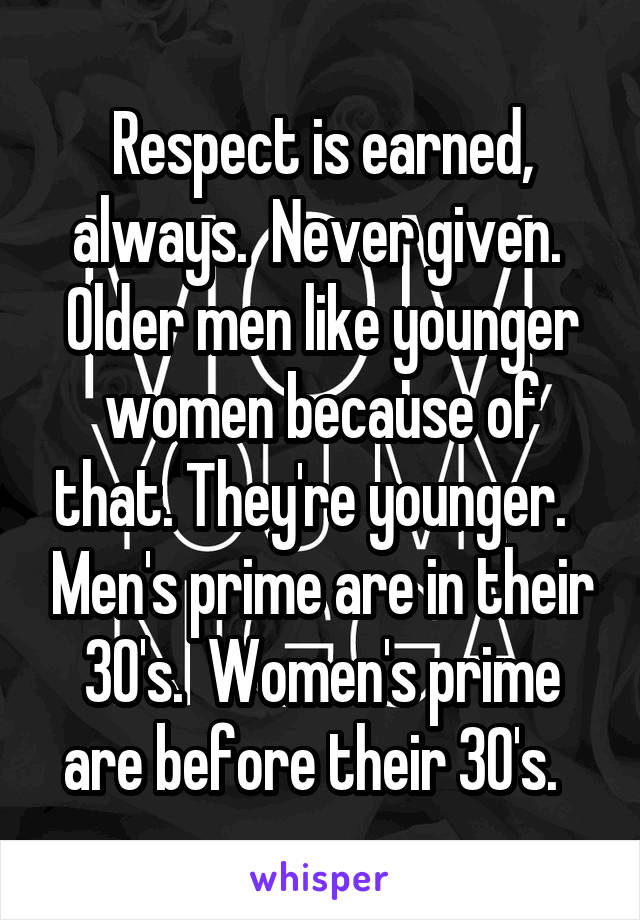 Respect is earned, always.  Never given.  Older men like younger women because of that. They're younger.   Men's prime are in their 30's.  Women's prime are before their 30's.  