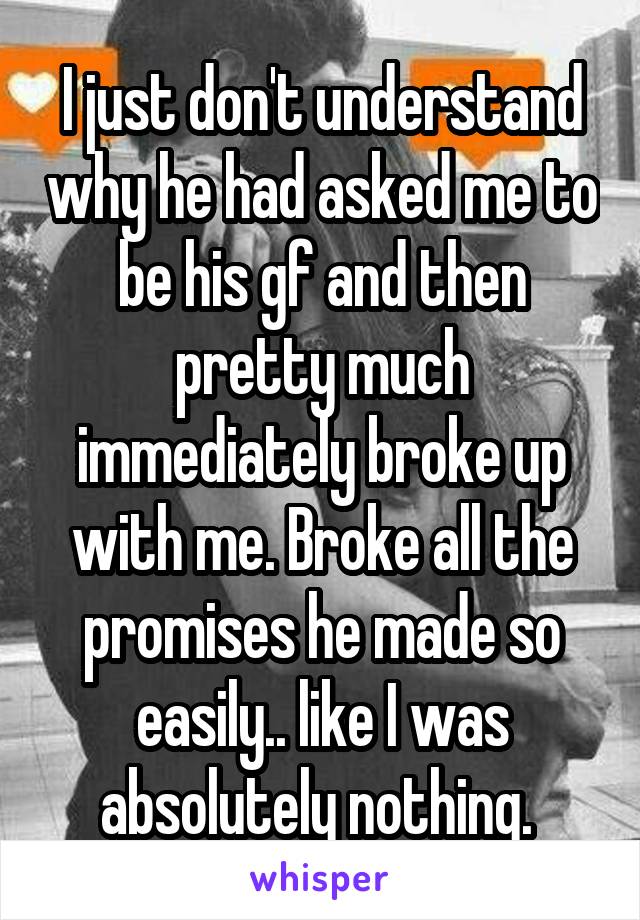 I just don't understand why he had asked me to be his gf and then pretty much immediately broke up with me. Broke all the promises he made so easily.. like I was absolutely nothing. 