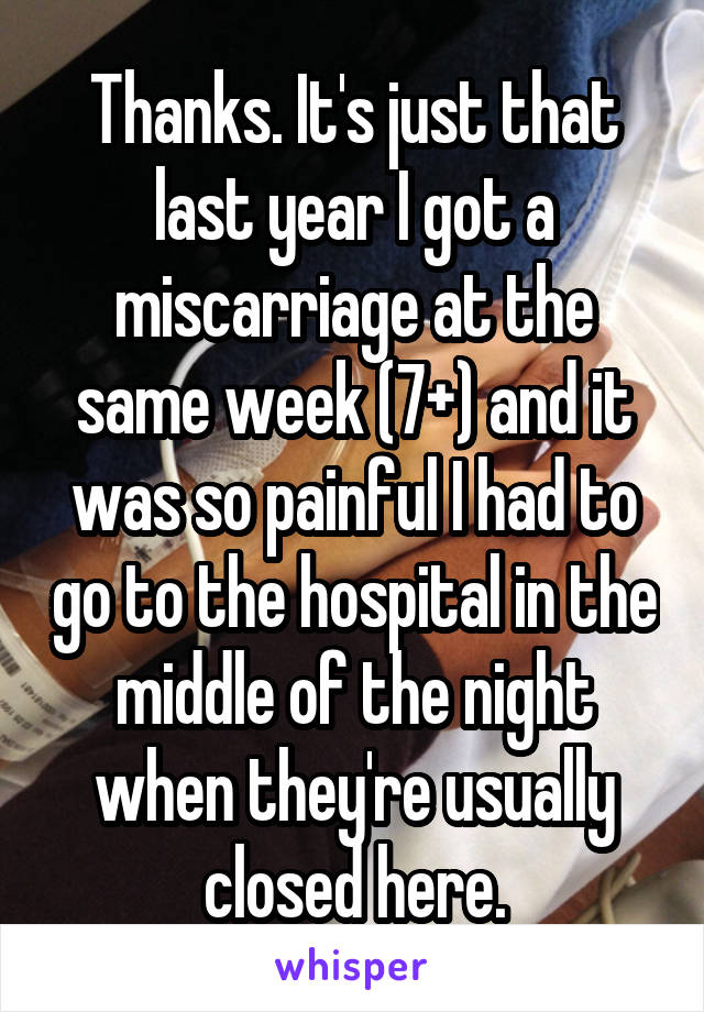 Thanks. It's just that last year I got a miscarriage at the same week (7+) and it was so painful I had to go to the hospital in the middle of the night when they're usually closed here.