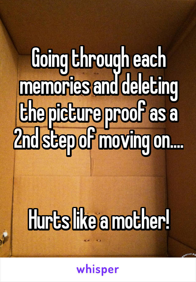 Going through each memories and deleting the picture proof as a 2nd step of moving on.... 

Hurts like a mother!