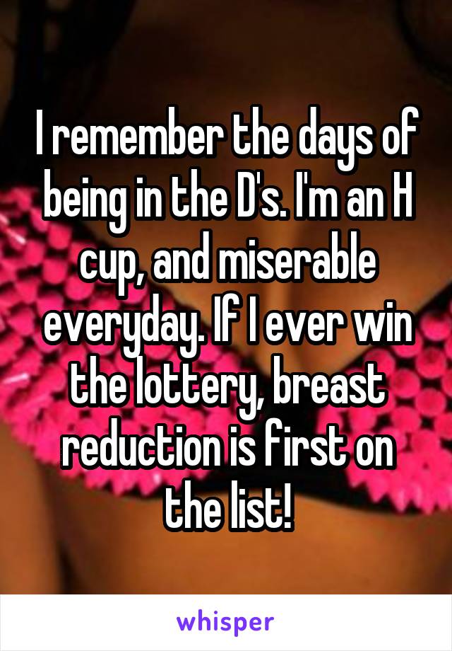 I remember the days of being in the D's. I'm an H cup, and miserable everyday. If I ever win the lottery, breast reduction is first on the list!