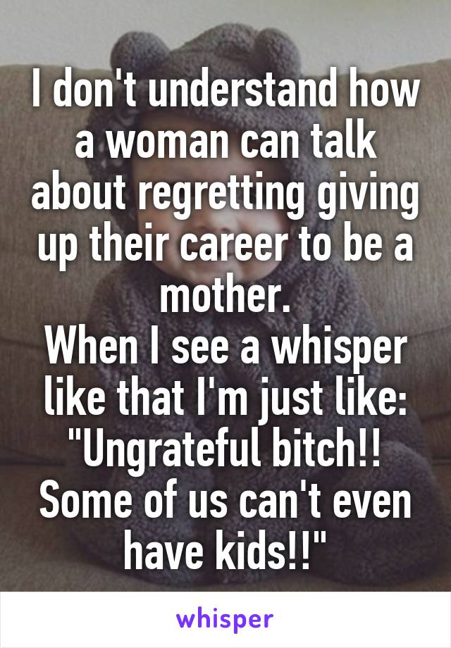 I don't understand how a woman can talk about regretting giving up their career to be a mother.
When I see a whisper like that I'm just like:
"Ungrateful bitch!! Some of us can't even have kids!!"