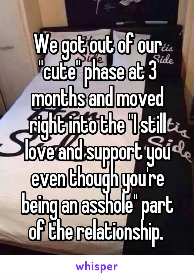 We got out of our "cute" phase at 3 months and moved right into the "I still love and support you even though you're being an asshole" part of the relationship. 