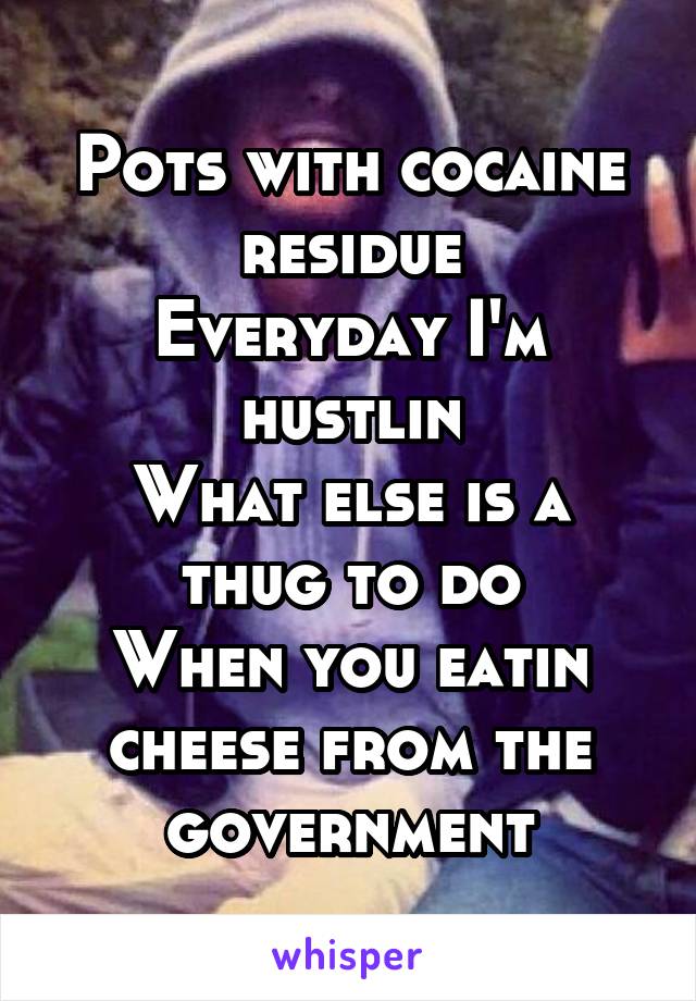 Pots with cocaine residue
Everyday I'm hustlin
What else is a thug to do
When you eatin cheese from the government