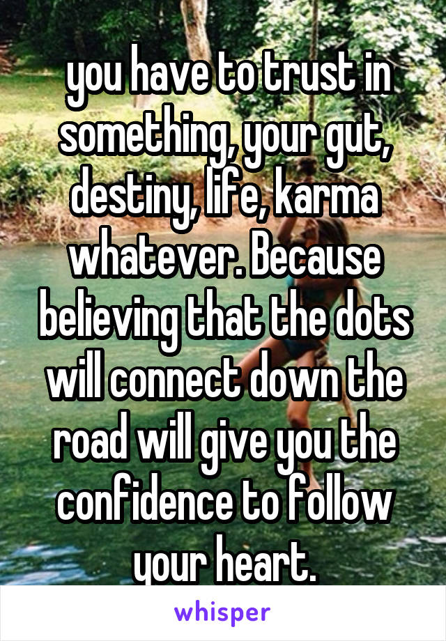  you have to trust in something, your gut, destiny, life, karma whatever. Because believing that the dots will connect down the road will give you the confidence to follow your heart.
