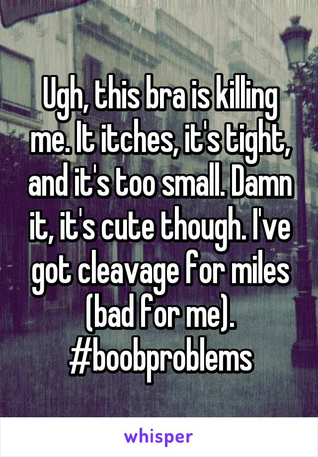 Ugh, this bra is killing me. It itches, it's tight, and it's too small. Damn it, it's cute though. I've got cleavage for miles (bad for me).
#boobproblems