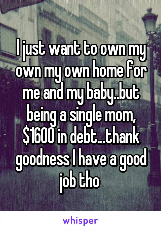 I just want to own my own my own home for me and my baby..but being a single mom, $1600 in debt...thank goodness I have a good job tho 