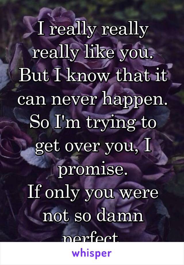 I really really really like you.
But I know that it can never happen.
So I'm trying to get over you, I promise.
If only you were not so damn perfect.