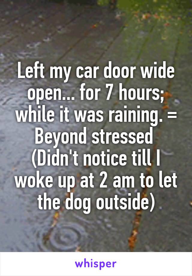 Left my car door wide open... for 7 hours; while it was raining. = Beyond stressed  (Didn't notice till I woke up at 2 am to let the dog outside)