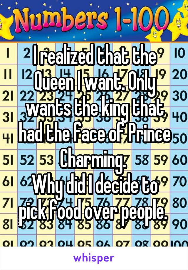 I realized that the Queen I want. Only wants the king that had the face of Prince Charming. 
Why did I decide to pick food over people. 