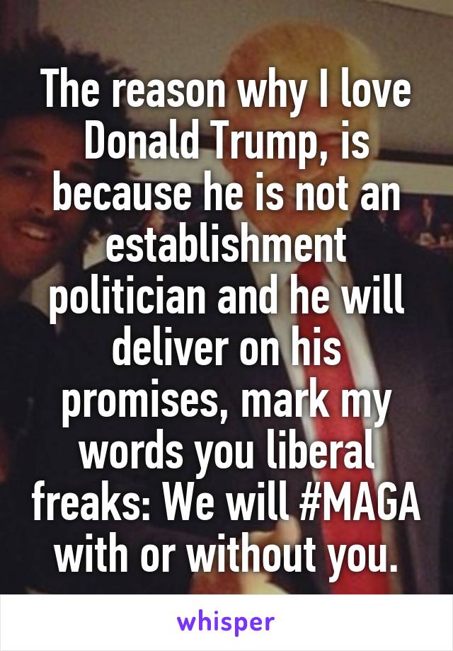The reason why I love Donald Trump, is because he is not an establishment politician and he will deliver on his promises, mark my words you liberal freaks: We will #MAGA with or without you.