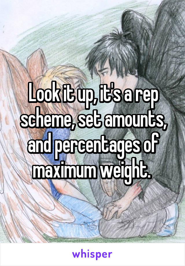 Look it up, it's a rep scheme, set amounts, and percentages of maximum weight. 