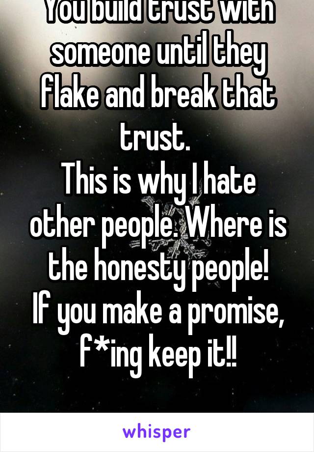 You build trust with someone until they flake and break that trust. 
This is why I hate other people. Where is the honesty people!
If you make a promise, f*ing keep it!!

