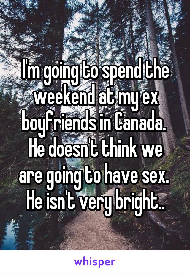 I'm going to spend the weekend at my ex boyfriends in Canada. 
He doesn't think we are going to have sex. 
He isn't very bright..