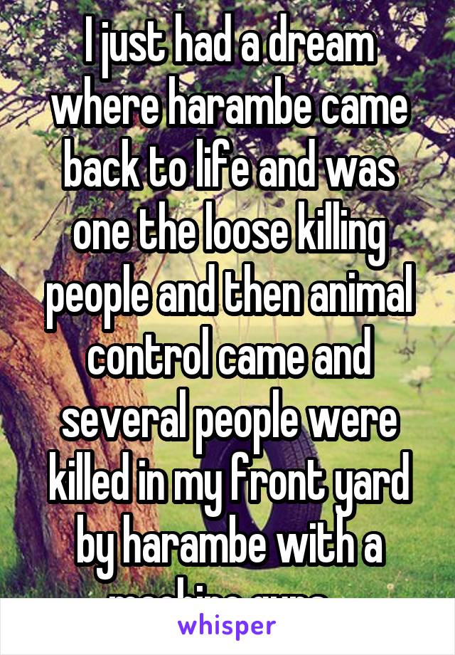 I just had a dream where harambe came back to life and was one the loose killing people and then animal control came and several people were killed in my front yard by harambe with a machine guns...