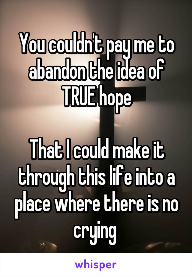 You couldn't pay me to abandon the idea of TRUE hope

That I could make it through this life into a place where there is no crying 