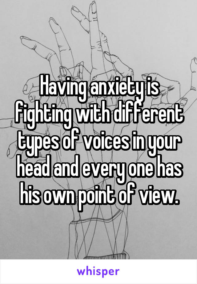 Having anxiety is fighting with different types of voices in your head and every one has his own point of view.