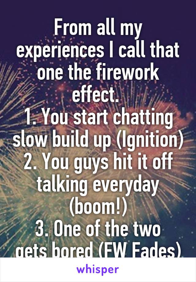 From all my experiences I call that one the firework effect. 
1. You start chatting slow build up (Ignition)
2. You guys hit it off talking everyday (boom!)
3. One of the two gets bored (FW Fades)