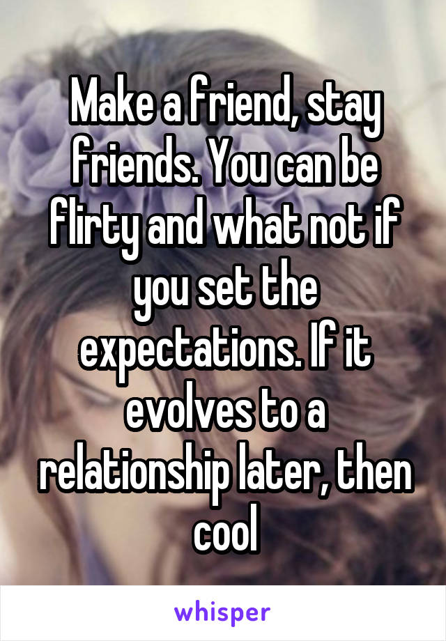Make a friend, stay friends. You can be flirty and what not if you set the expectations. If it evolves to a relationship later, then cool