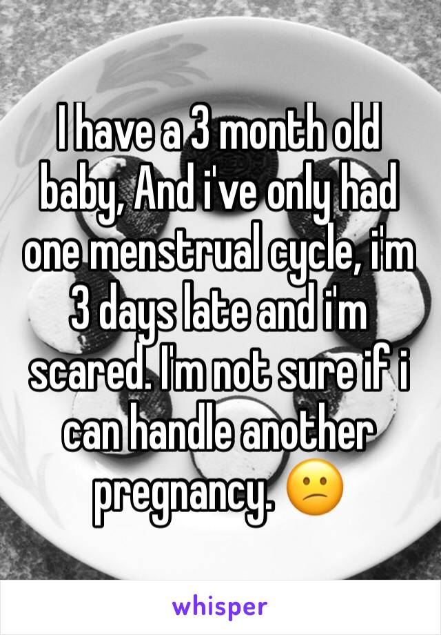 I have a 3 month old baby, And i've only had one menstrual cycle, i'm 3 days late and i'm scared. I'm not sure if i can handle another pregnancy. 😕