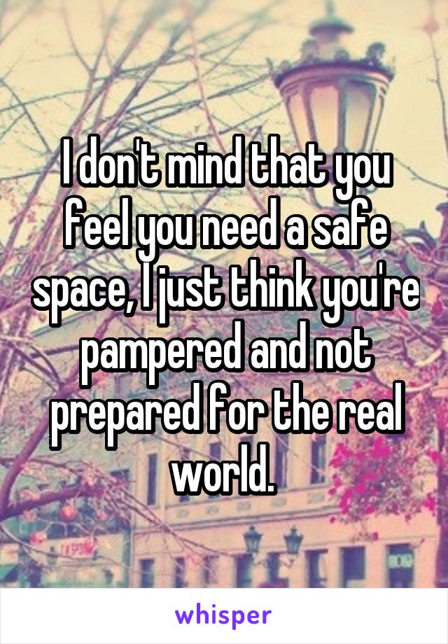 I don't mind that you feel you need a safe space, I just think you're pampered and not prepared for the real world. 