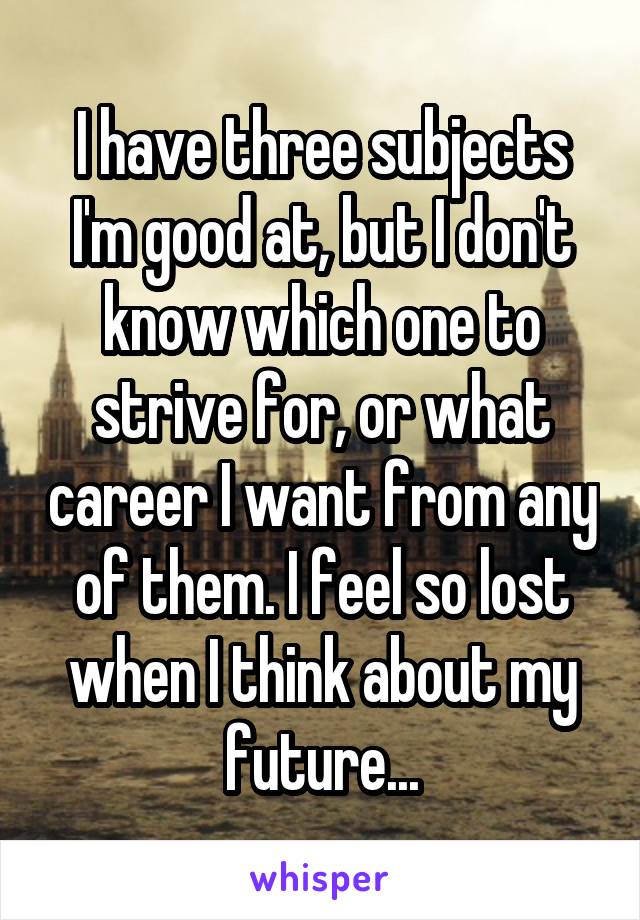 I have three subjects I'm good at, but I don't know which one to strive for, or what career I want from any of them. I feel so lost when I think about my future...