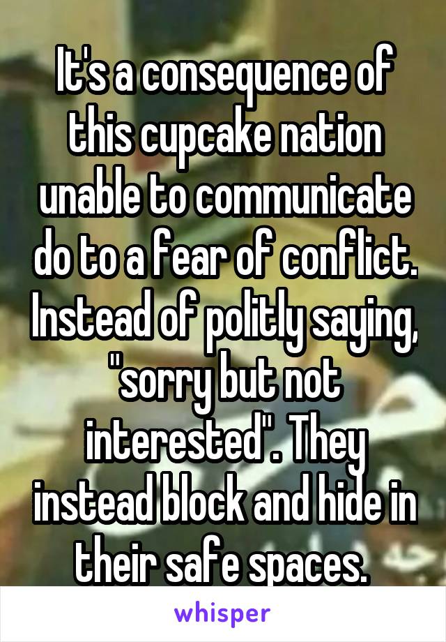 It's a consequence of this cupcake nation unable to communicate do to a fear of conflict. Instead of politly saying, "sorry but not interested". They instead block and hide in their safe spaces. 