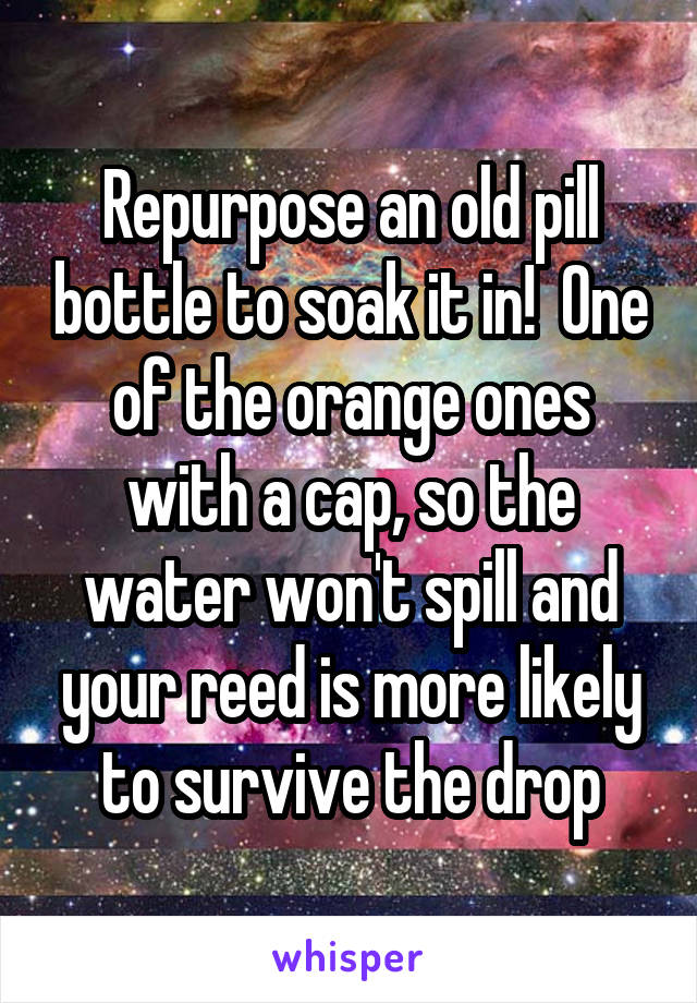Repurpose an old pill bottle to soak it in!  One of the orange ones with a cap, so the water won't spill and your reed is more likely to survive the drop