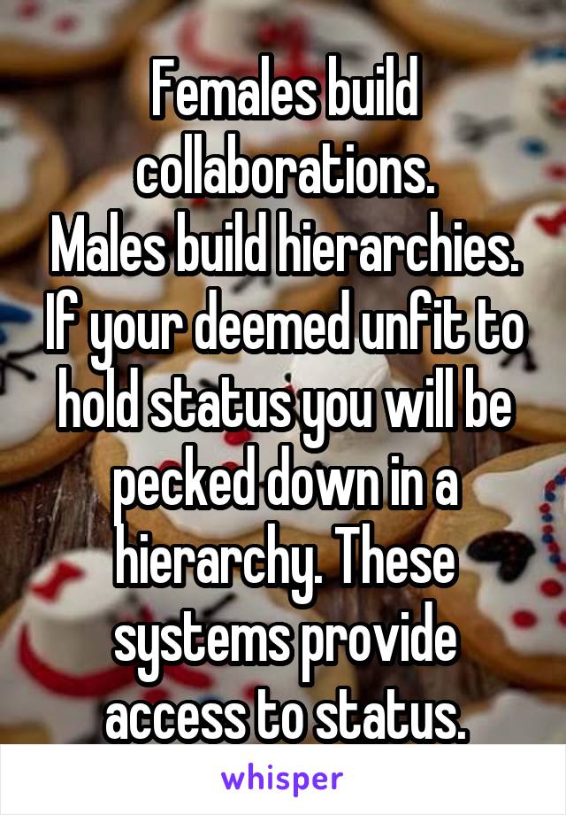 Females build collaborations.
Males build hierarchies. If your deemed unfit to hold status you will be pecked down in a hierarchy. These systems provide access to status.