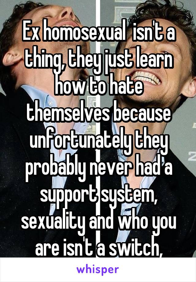 Ex homosexual  isn't a thing, they just learn how to hate themselves because unfortunately they probably never had a support system, sexuality and who you are isn't a switch,
