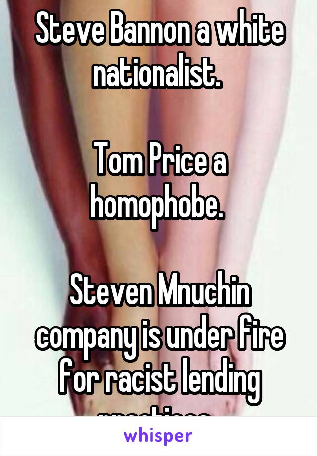 Steve Bannon a white nationalist. 

Tom Price a homophobe. 

Steven Mnuchin company is under fire for racist lending practices. 